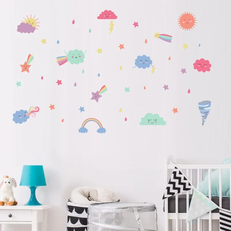 

Colorful Cloud Star Sun Rainbow Art Wall Sticker For Kids Room Decoration Colorful Raindrop Wall Decals Wallpaper Home Decor