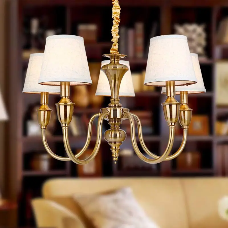 Vintage-Light-Fixtures-American-Chandelier-Stairwell-Dining-Living-Room-Lamp-Anti-brass-Iron-White-Fabric-Lampshade