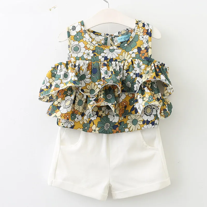 

2019 Summer New Children's Suit Children's Floral Chiffon Missing Shoulder Children's Two-piece Suit 9055