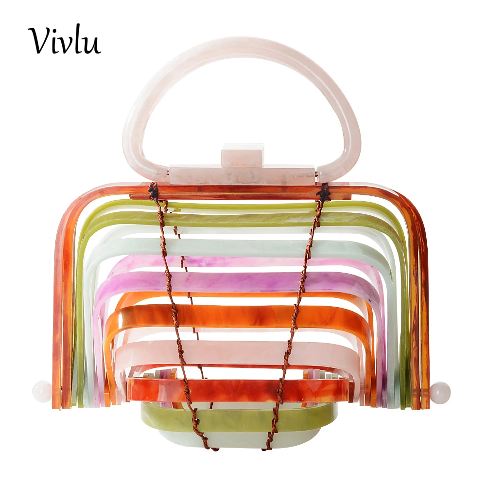

Unique Design Acrylic Handmade Basket Hollow Out Tote Bag Beach Handbag Pink Semi-Circular Travel Clutch Drop shipping