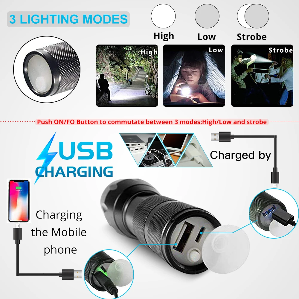 USB светодиодный тактический фонарь перезаряжаемый внешний аккумулятор X900