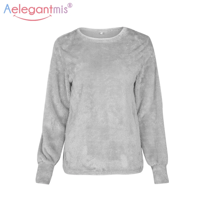 

Aelegantmis Autumn Winter Grey Faux Fur Thick Warm Women Sweatshirt Ladies Cute O-Neck Pullover Long Sleeve Loose Sweatshirts