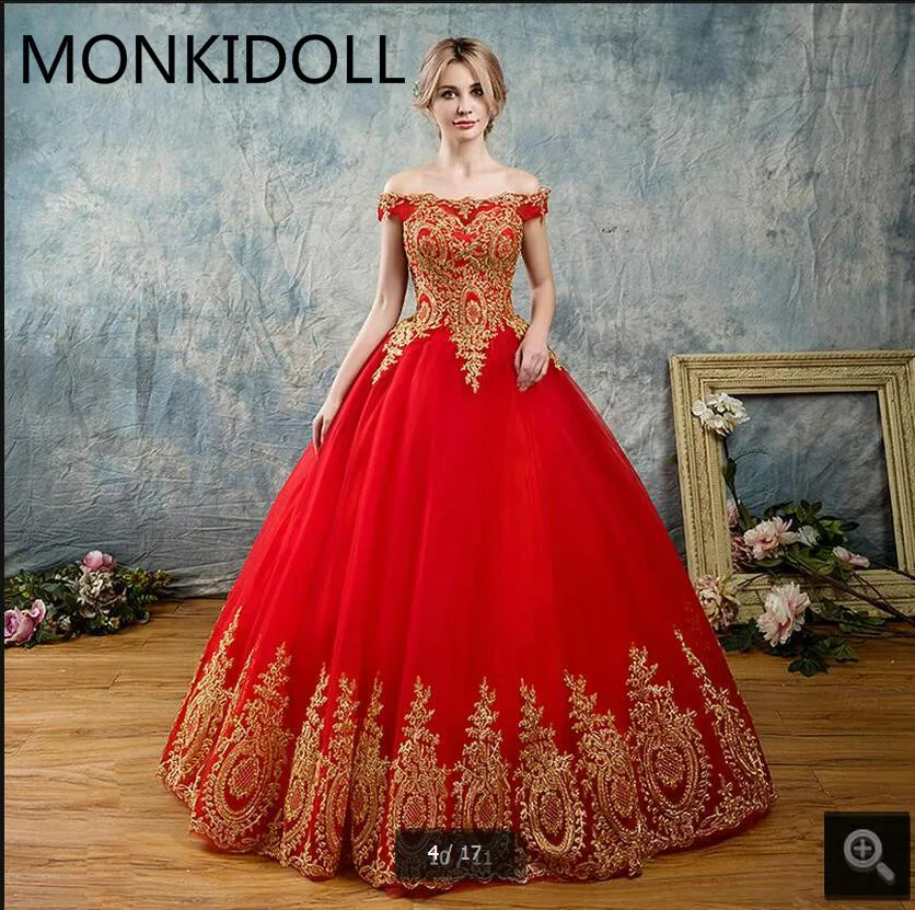 

Robe de mariage ball gown off the shoulder sexy wedding dress gold lace appliques princess puffy corset wedding gowns on sale