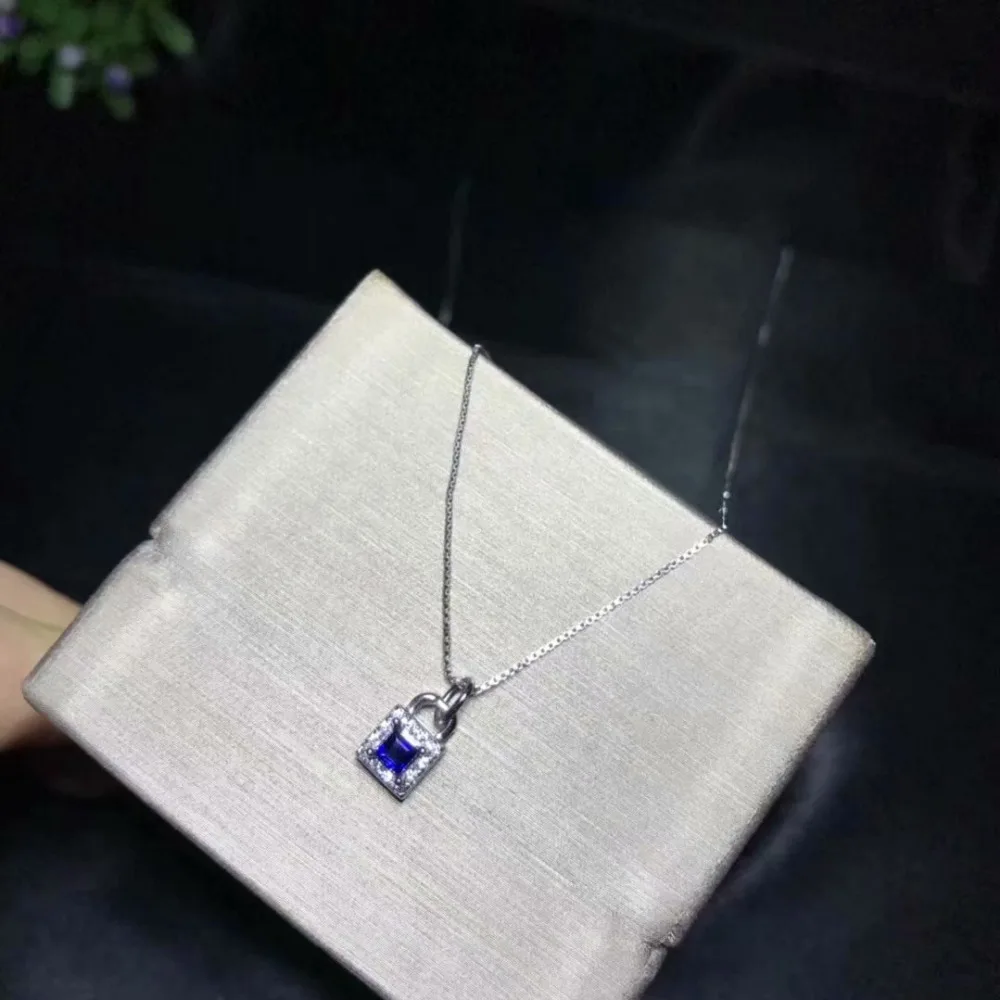 Натуральный Синий сапфир драгоценный камень кулон S925 серебро натуральный драгоценный камень кулон ожерелье модный милый замок квадратный женский ювелирное изделие