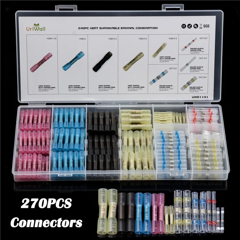 Box 240Pcs Heat Shrink Solder Sleeves Electrical Wire Butt Terminals Connectors 