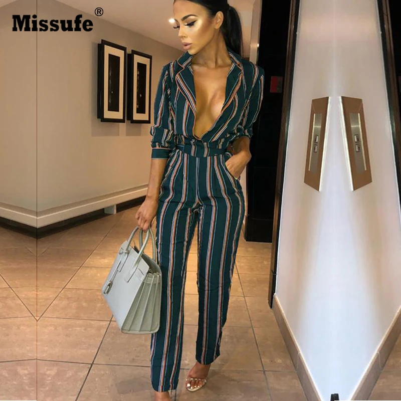 

Missufe Lace Up Overalls Female Rompers Slim Playsuit Long Sleeve Bodysuits For Women Notched V Neck Striped Women Jumpsuits