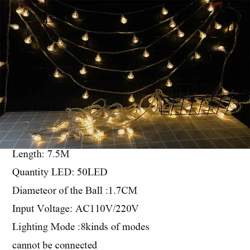 7,5 м 50 гирлянда светодиодная круглая лампа светодиодная гирлянда наружная Водонепроницаемая светодиодная гирлянда с хрустальными шариками для вечеринки, свадьбы, двора - Испускаемый цвет: 7.5M 50 Warmwhite