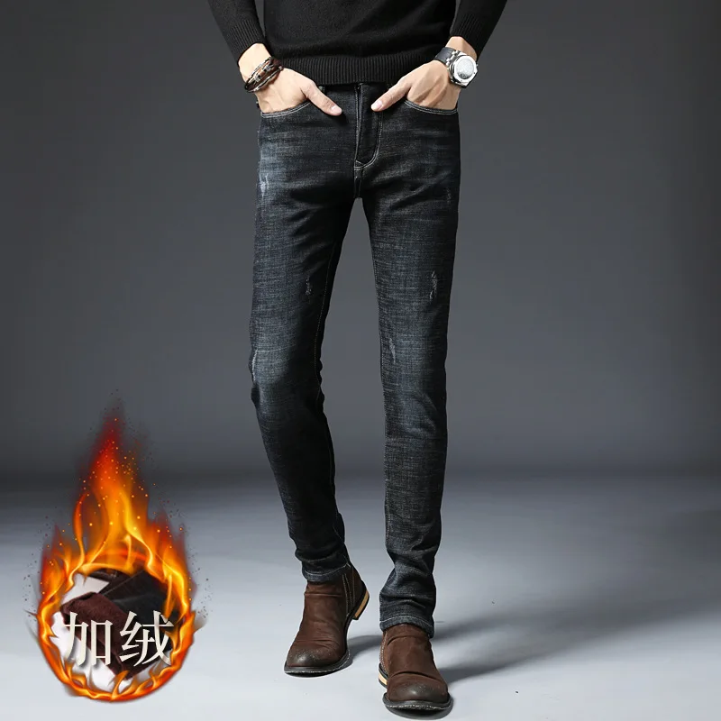Мужские бархатные джинсы зимние тонкие повседневные мужские брюки стрейч Толстые мужские теплые длинные брюки