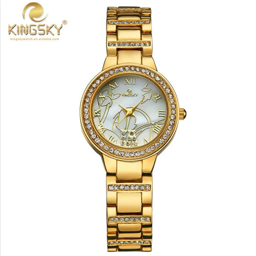New Gold Watches Ladies Luxury Brand Bling Crystal Quartz Wrist Watch