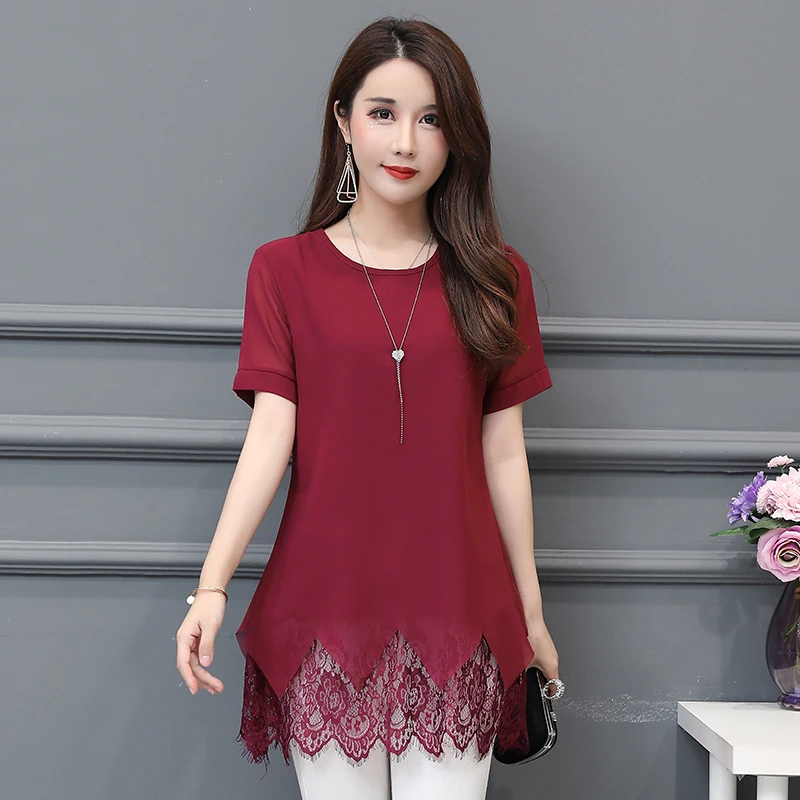 Burgundy Длинная туника, топы 5XL 4XL 3XL размера плюс для женщин, короткий рукав, пэтчворк, имитация двух частей, ажурный, вязанный кружевной топ, блузка, рубашки - Цвет: Burgundy
