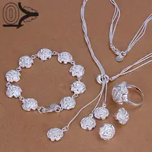 Посеребренный ювелирный набор, недорогой Свадебный вечерние комплекты, модное серебряное ожерелье с розовым цветком, браслет, кольцо, серьги, четыре части