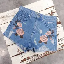 Летние джинсовые шорты с высокой талией, с цветочной вышивкой, светло-голубые потертые короткие шорты размера плюс xxxl