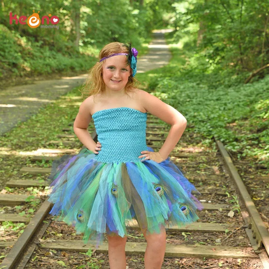 Keenomommy Peacock Feather Tutu Dress For Girls Turquoise Birthday Halloween Costume Kids Pageant Vestidos Baby Photo Props (1)