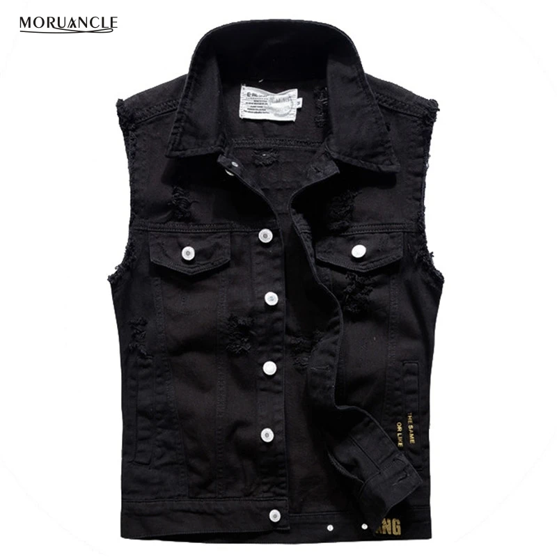 

MORUANCLE Fashion Mens Ripped Jeans Vest Slim Fit Distressed Sleeveless Denim Jacket For Male Waistcoat Letter Printed SizeM-3XL