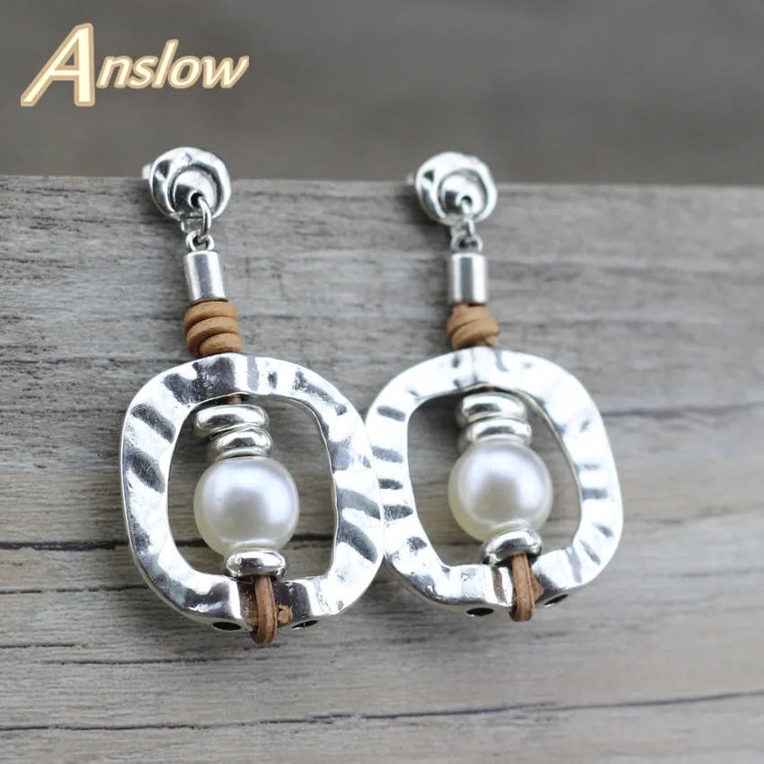 original Anslow панк-рок стильные модные ювелирные изделия ручной работы для женщин и мужчин Геометрические Квадратные кожаные жемчужные серьги Рождественский подарок LOW0100AE - Окраска металла: original