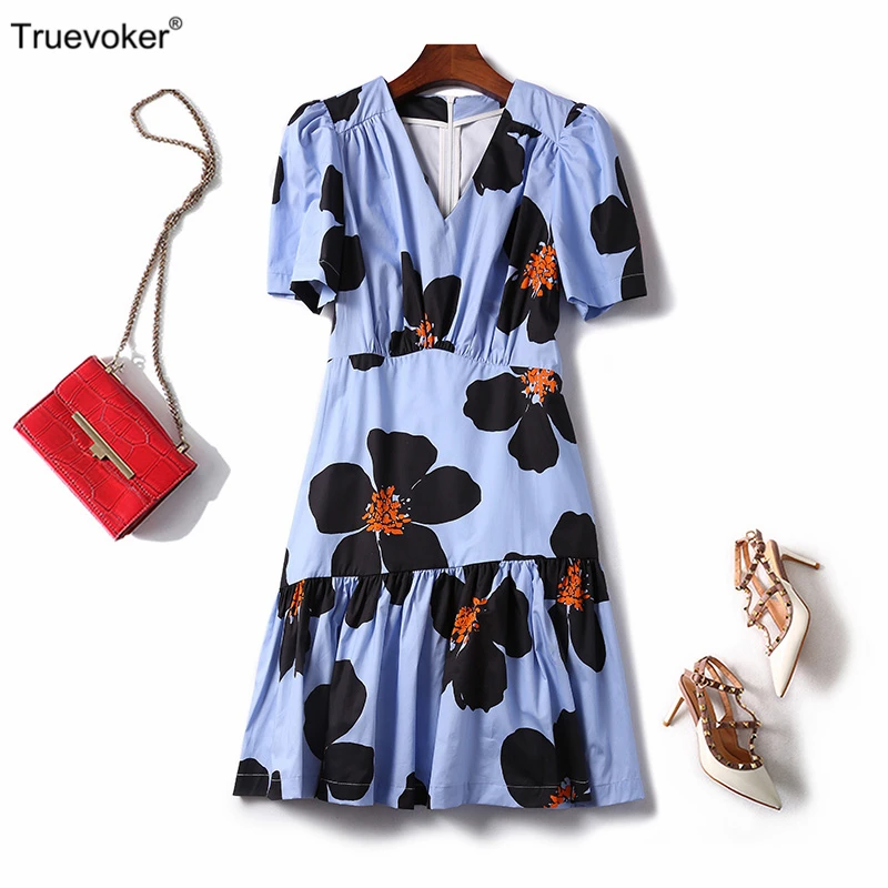 

Truevoker Designer Cotton Dresses Women's High End Short Sleeve Fancy Big Flower Printed Boutique Holiday Vestidoes 3 Colors
