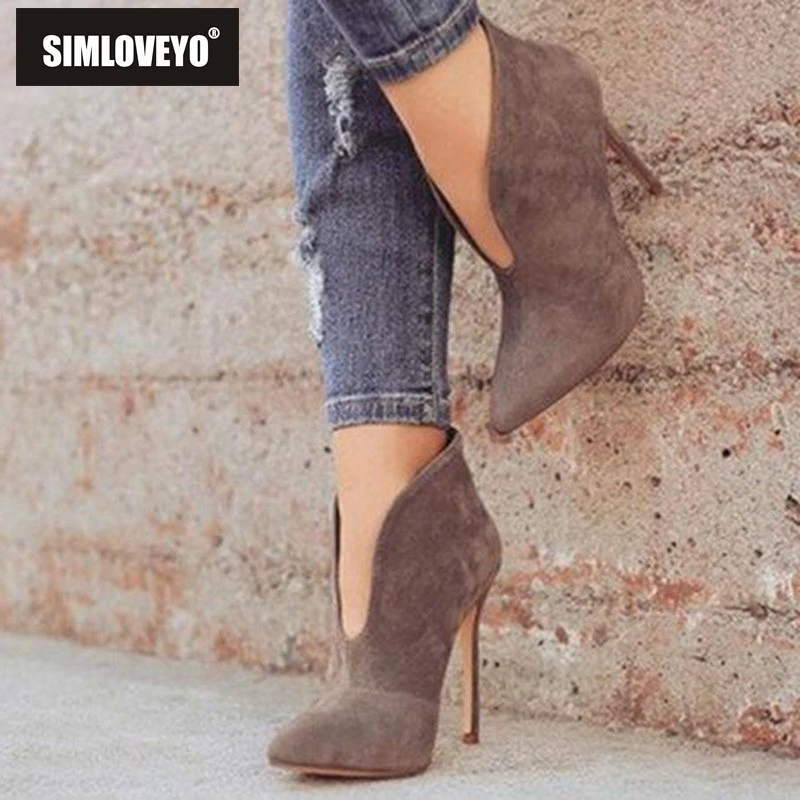 

SIMLOVEYO Shoes women Ankle boots Thin heel 12cm Solid shoes Botas feminina Flock botines mujer High heel boots sexy B1116