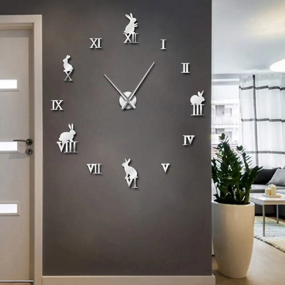 

1Piece Rabbit with Roman Numerals DIY Large Wall Clock Kid Room Decor Mirror Effect Frameless Giant Wall Watch 3D Wall Sticker