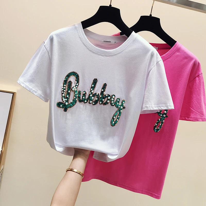 

Woman's Casual Short Sleeve 2019 Summer O Neck T-shirt Women's Tee Tees Students Sequins Beading Tops A748