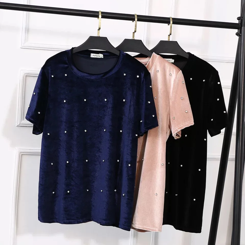 

Ubetoku 2018Women's Spring Casual Korea Velvet Short Sleeve Shirt Fashion Beading Tops 4XL Plus Size T-shirt(T47)