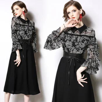 

Spring Chiffon Patchwork Women Dress Turn Down Collar Elegant Big Swing Vintage Black Dress Work Office Casual Party Long Dress