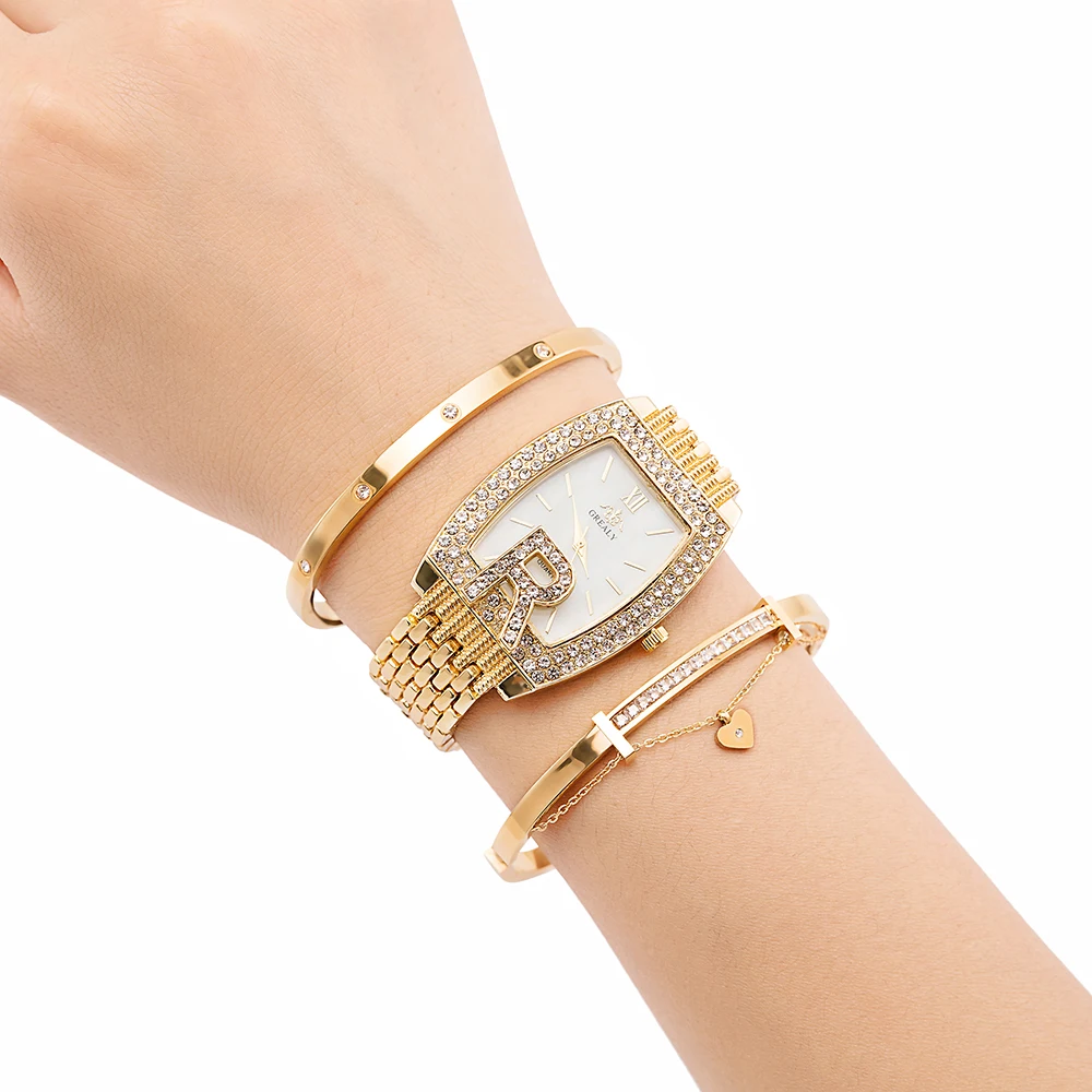 Женские 4 шт часы набор шикарные Стразы инкрустированные браслеты из нержавеющей стали сплав часы группа кварцевые часы с подарочной коробкой