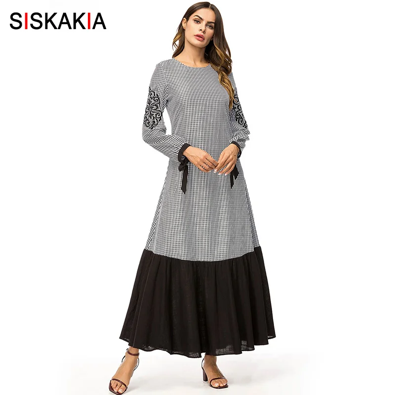 Comprar Siskakia moda Plaid contraste Color Patchwork mujer vestido largo Vintage étnico bordado Maxi vestidos manga larga primavera 2019