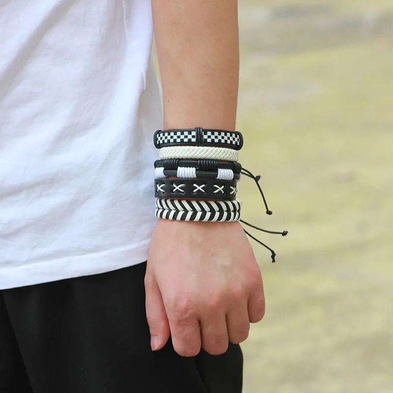 

Punk Male Multi-layer Leather Bracelets For Men Jewelry Charm White Braid Wrap Bracelets Bangles Vintage Rope Chain