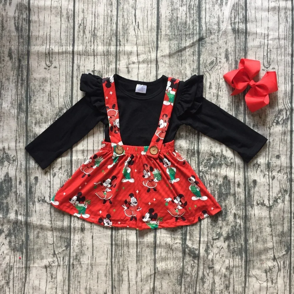 

Christmas fall/winter baby girls clothes cotton red black mouse halter top Button Straps dress boutique long sleeve match bow