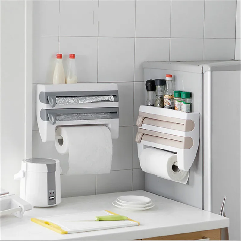 

2019 Kitchen Towel Paper Holder Aluminum Film Cutter Wraptastic Dispenser Cutting Foil Cling Wrap Kitchen Shelf Wall Hang Rack