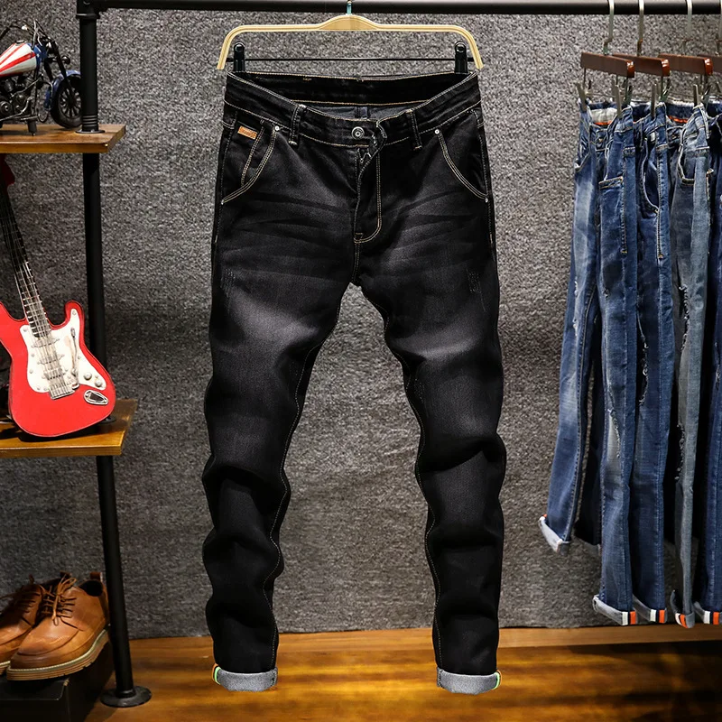 Новые модные джинсовые брюки, однотонные облегающие джинсы, мужские дизайнерские потертые ретро Длинные Стрейчевые узкие джинсы, 6 цветов, хаки, черный, темно-синий - Цвет: MG809  black