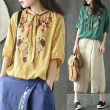 Забавные футболки Новые Летние Вышитые, льняные, с бантом платье-фонарик, футболка с длинными рукавами футболка