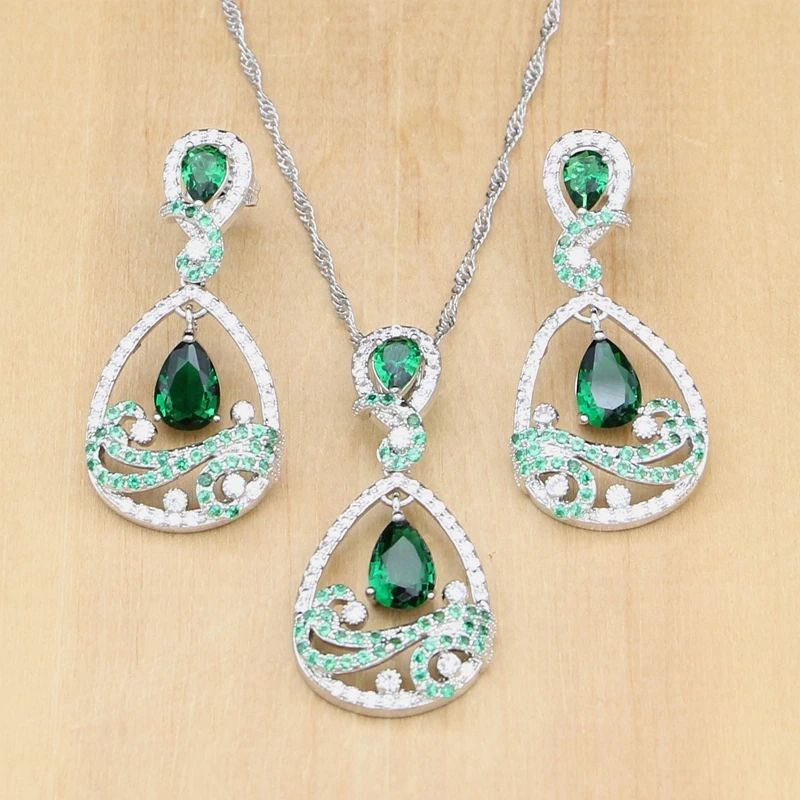 Peacock Necklace Set Green Cubic Zirconia White Crystal Silver 925