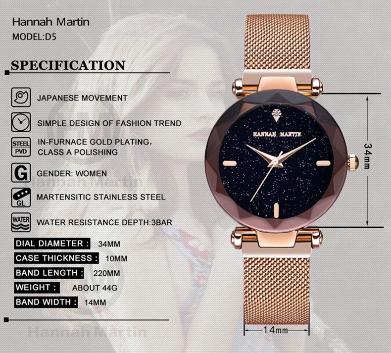 Ханна Платье Мартин Для женщин часы из розового золота водостойкой наручные часы для Для женщин роскошный браслет Zegarek Damski Сталь часы