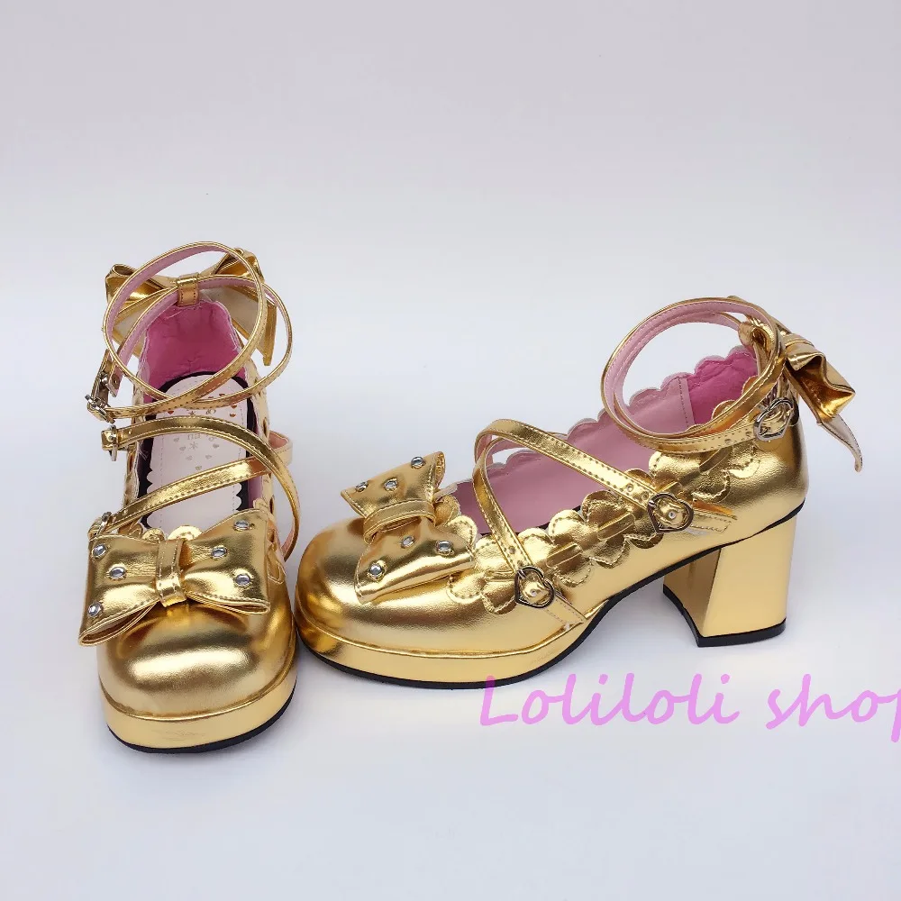 Princess sweet lolita shoes Japanese design customized special shaped Golden with bow tie high heel an1123 | Обувь