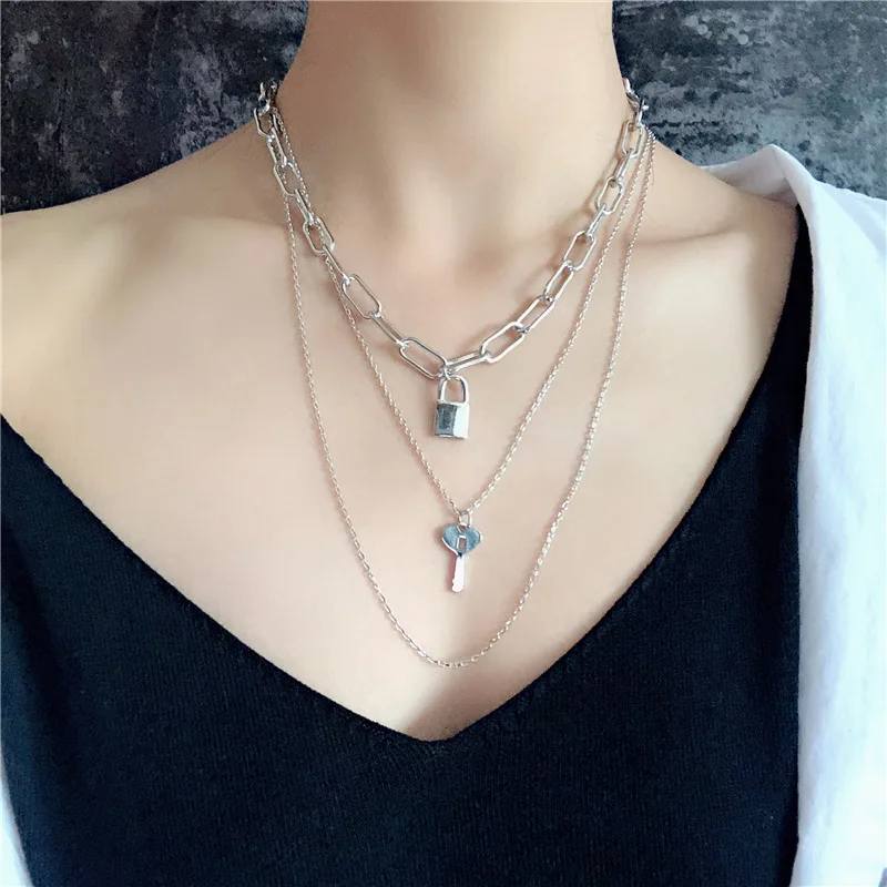 KMVEXO модное ожерелье с подвеской в виде замка для ключей для женщин, серебряное ожерелье с замком, многослойная Серебряная цепочка на шею, ювелирные изделия в стиле панк, хип-хоп