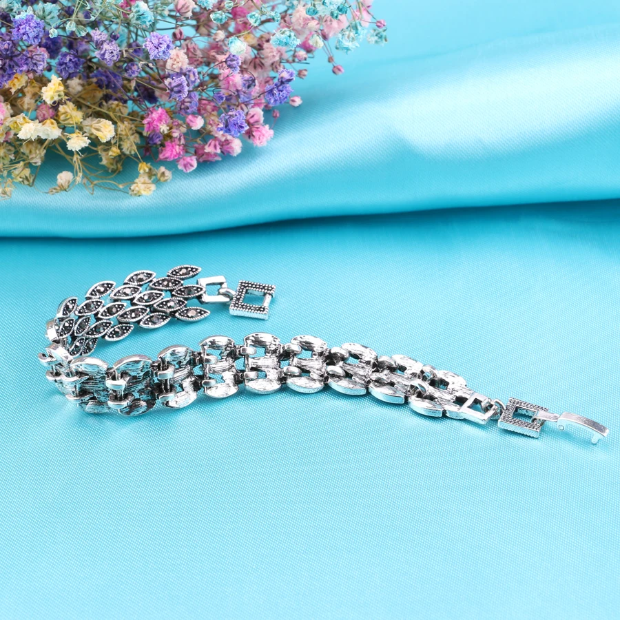 Kinel Bright Black Crystal Bracelet For Women Antique Silver Color Little Eye Link Bracelets Charm Vintage Jewelry crystal bracelet