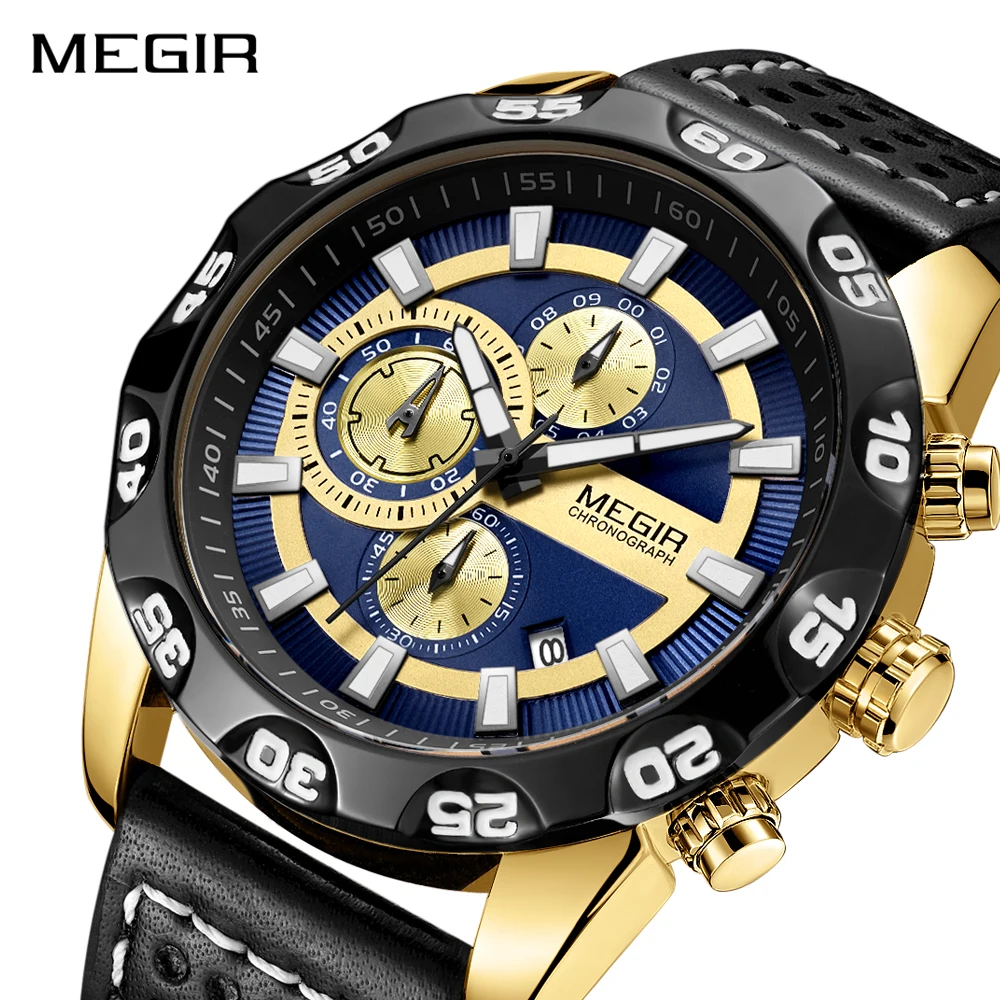 

MEGIR Chronograph Sport Men Watch Leather Creative Quartz Watches Men Clock Hour Army Military Wristwatches Relogio Masculino