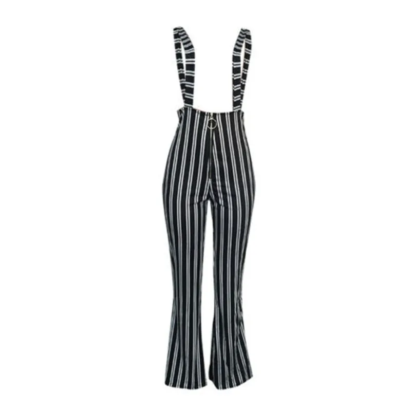 

Women Summer High Waist Striped zipper Slim Fit Full Length Suspender Flared Wide Leg Pants Overalls Jumpsuit S M L XL