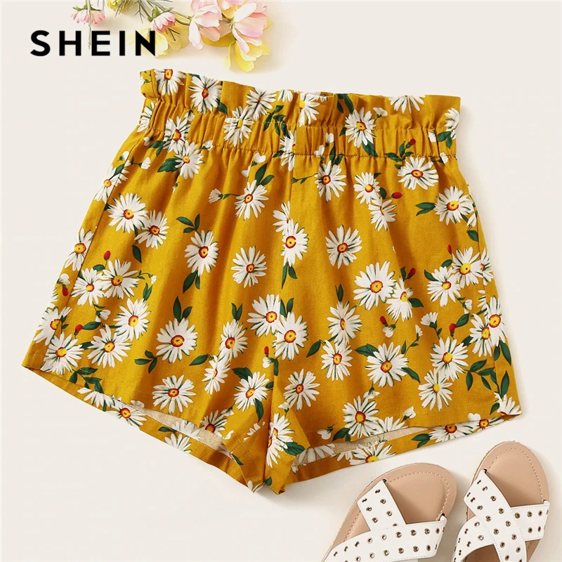 

SHEIN Bohemian Ginger Frilled Trim Elastic Waist Floral Print Shorts Women Summer High Waist Beach Style Casual Shorts