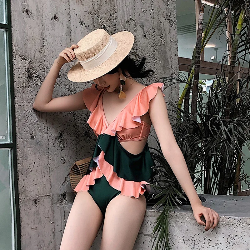 

One-Piece Swimwear For Women Swimsuit Full One Piece Female Plus Size Swimsuits Woman 2019 Summer Sexy Color Falbala Print