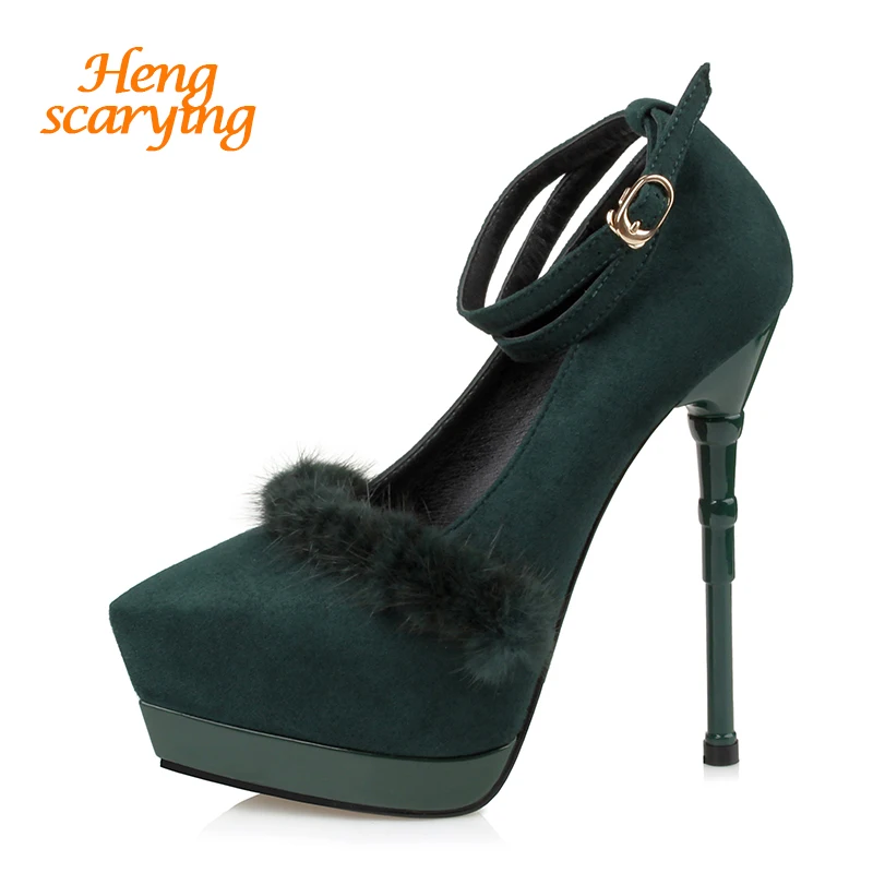 green heels with fur