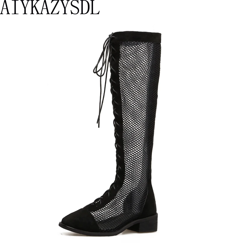 

AIYKAZYSDL Cool 2018 Summer Boots Women Knee High Knight Ridding Boots Lace Up Cross Strap Mesh Cut Out Bootie Cuban Heels