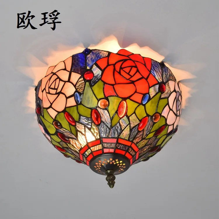 

American Pastoral art stained glass rose ceiling lights bedroom balcony porch Aisle lamps Children room lighting 110-240V E27