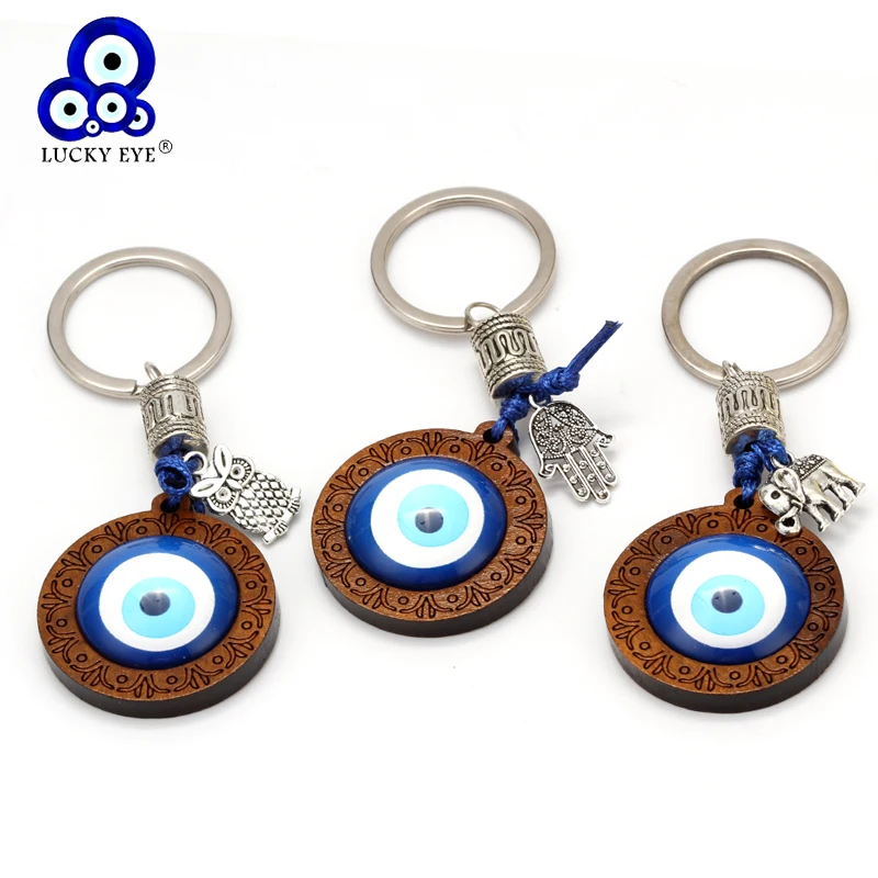 Lucky брелок для ключей в форме глаза дерево турецкий синий сглаза кулон Хамса рука Слон Сова Шарм брелок ювелирные изделия для женщин мужчин автомобиль EY6296