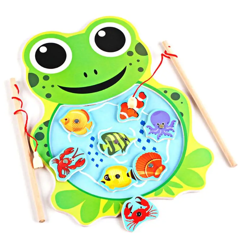Магнитная настольная игра «Рыбалка» с 2 удочками детская развивающая деревянная игрушка головоломка для детей игрушки животные рыбалка с котом и лягушкой - Цвет: Frog
