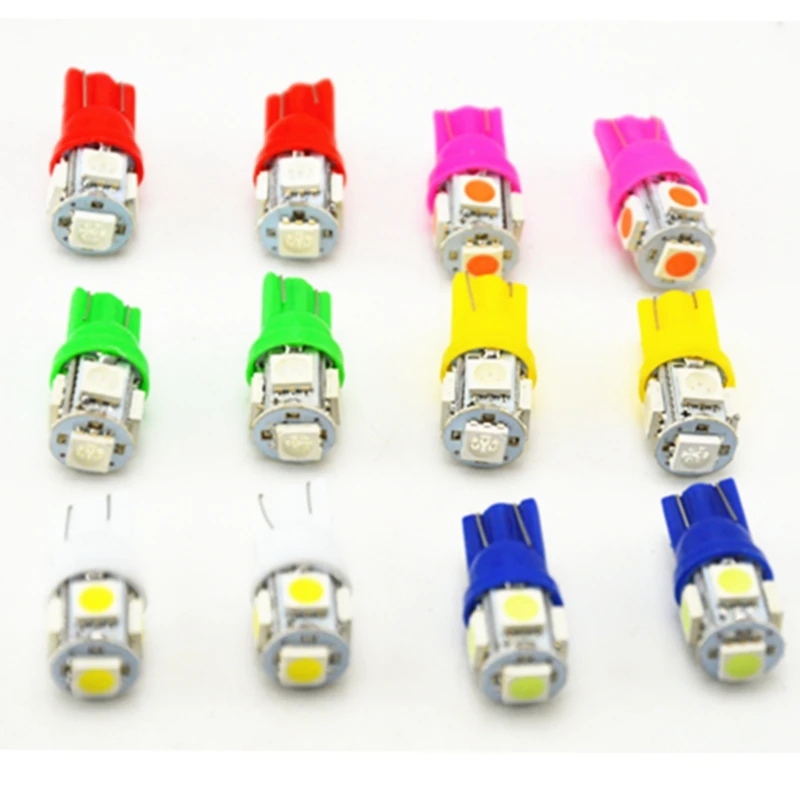 10 шт. T10 5SMD 5050 Автомобильный светодиодный авто светодиодные лампы 12 в 1 Вт ксеноновый Светильник лампы W5W 194 6 цветов белый/голубой/красный/желтый/зеленый/розовый