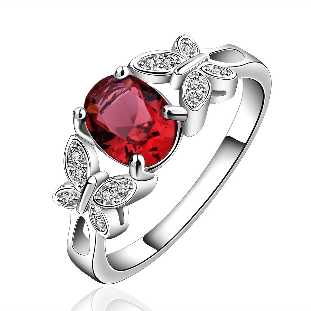 

R648 Silver Fashion wedding Jewelry double butterfly with big stone ring for women trendy Top Quality Silver Plated&Stamped 925