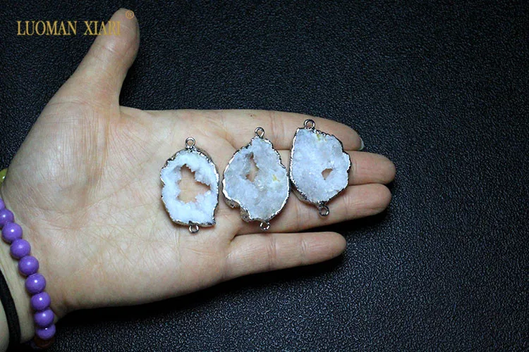 Wholesale 2 Circle Natural Unique Drusy Crystal silvery Plated Geode Stone Pendant DIY Necklace Earring For Jewelry Making