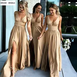 2019 дешевые длинные платья подружки невесты цвета шампань глубокий v-образный вырез Империя Сплит Сторона длинное пляжное в пол Бохо